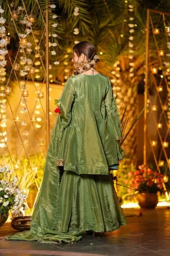 Green silk readymade suit with real mirror 