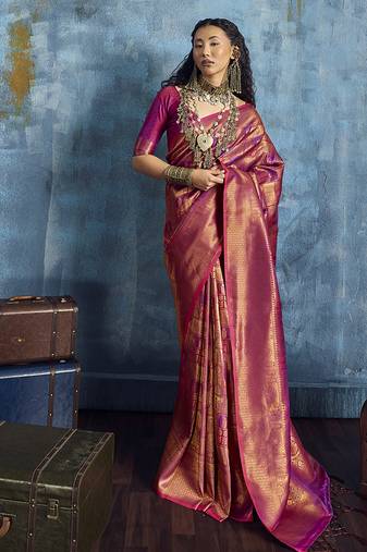 Handloom silk blend pink weaving saree
