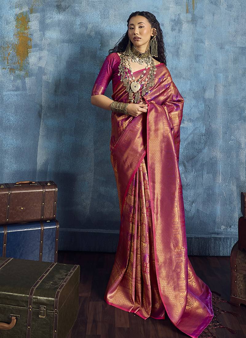 Handloom silk blend pink weaving saree