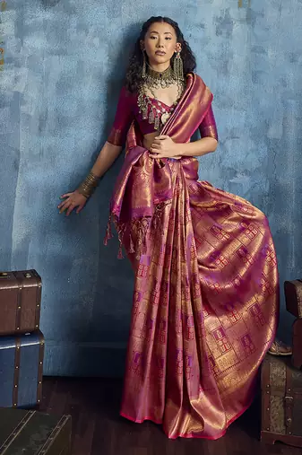 Handloom silk blend pink weaving saree