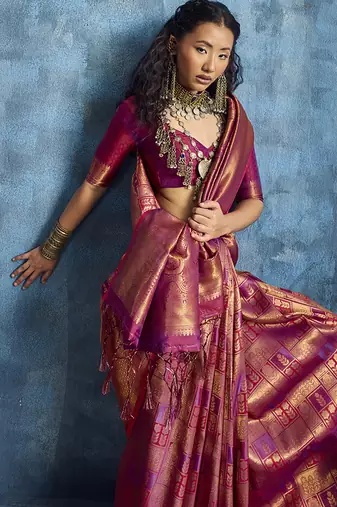 Handloom silk blend pink weaving saree