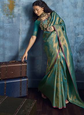 Handloom silk blend turquoise weaving saree 1