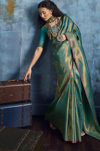 Handloom silk blend turquoise weaving saree