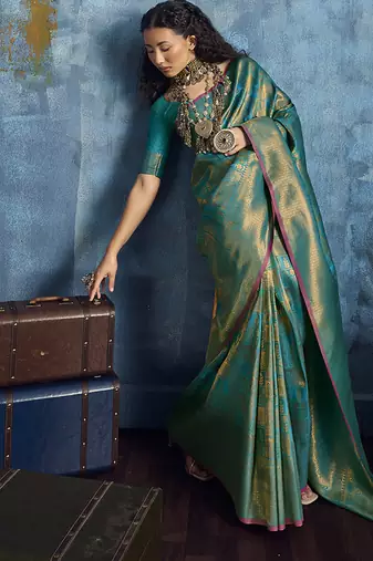 Handloom silk blend turquoise weaving saree