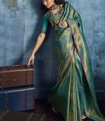 Handloom silk blend turquoise weaving saree