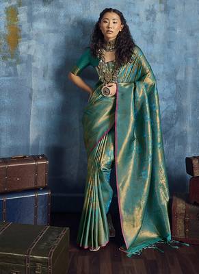 Handloom silk blend turquoise weaving saree 2