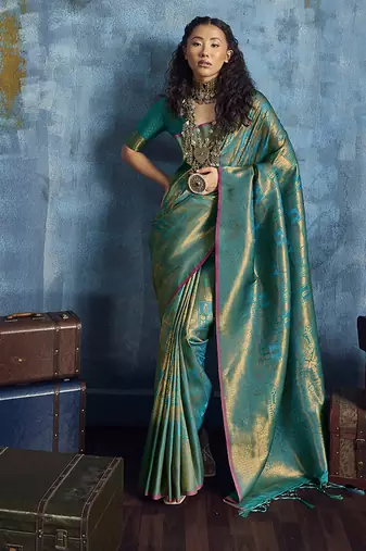 Handloom silk blend turquoise weaving saree