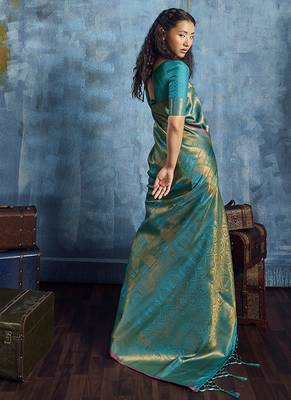 Handloom silk blend turquoise weaving saree 3