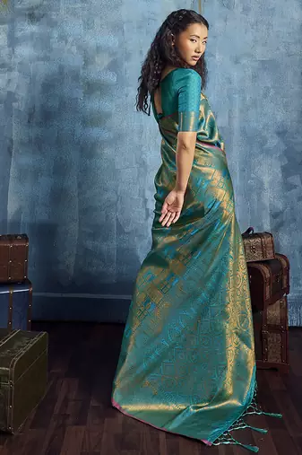 Handloom silk blend turquoise weaving saree