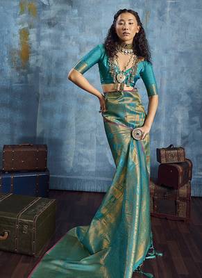 Handloom silk blend turquoise weaving saree 4