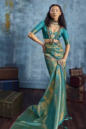 Handloom silk blend turquoise weaving saree