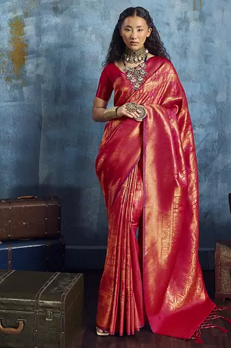 Handloom silk blend red weaving saree