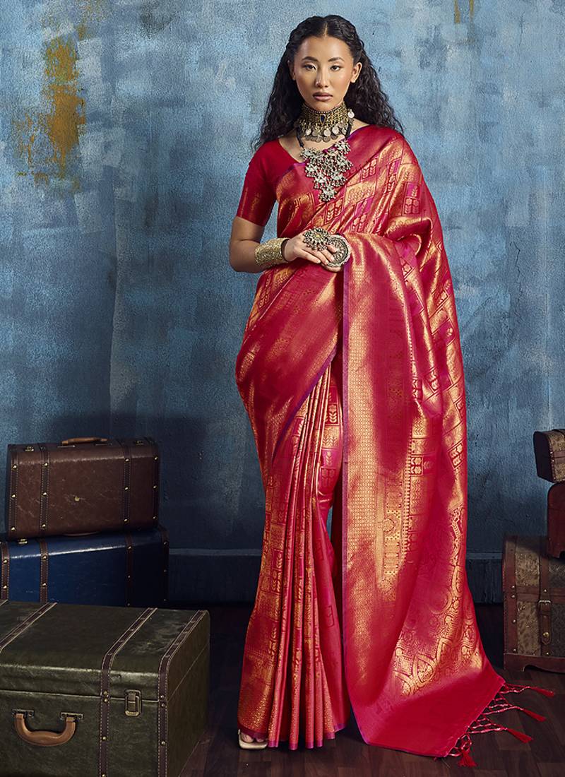 Handloom silk blend red weaving saree