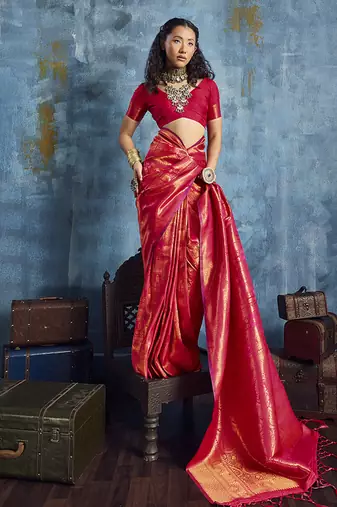 Handloom silk blend red weaving saree
