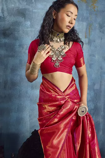 Handloom silk blend red weaving saree