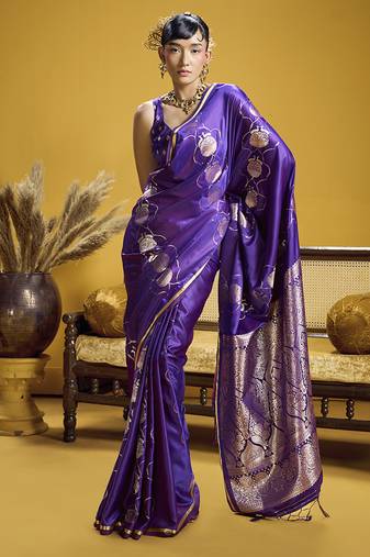 Violet handloom satin saree with weaving work