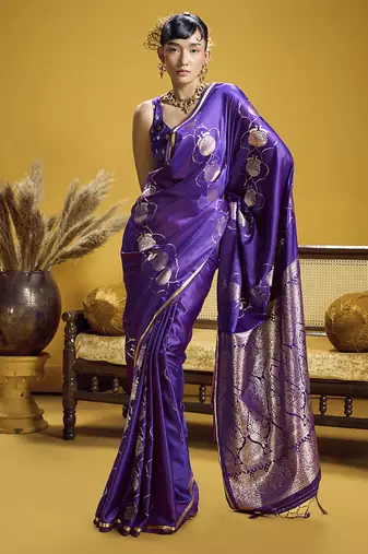 Violet handloom satin saree with weaving work