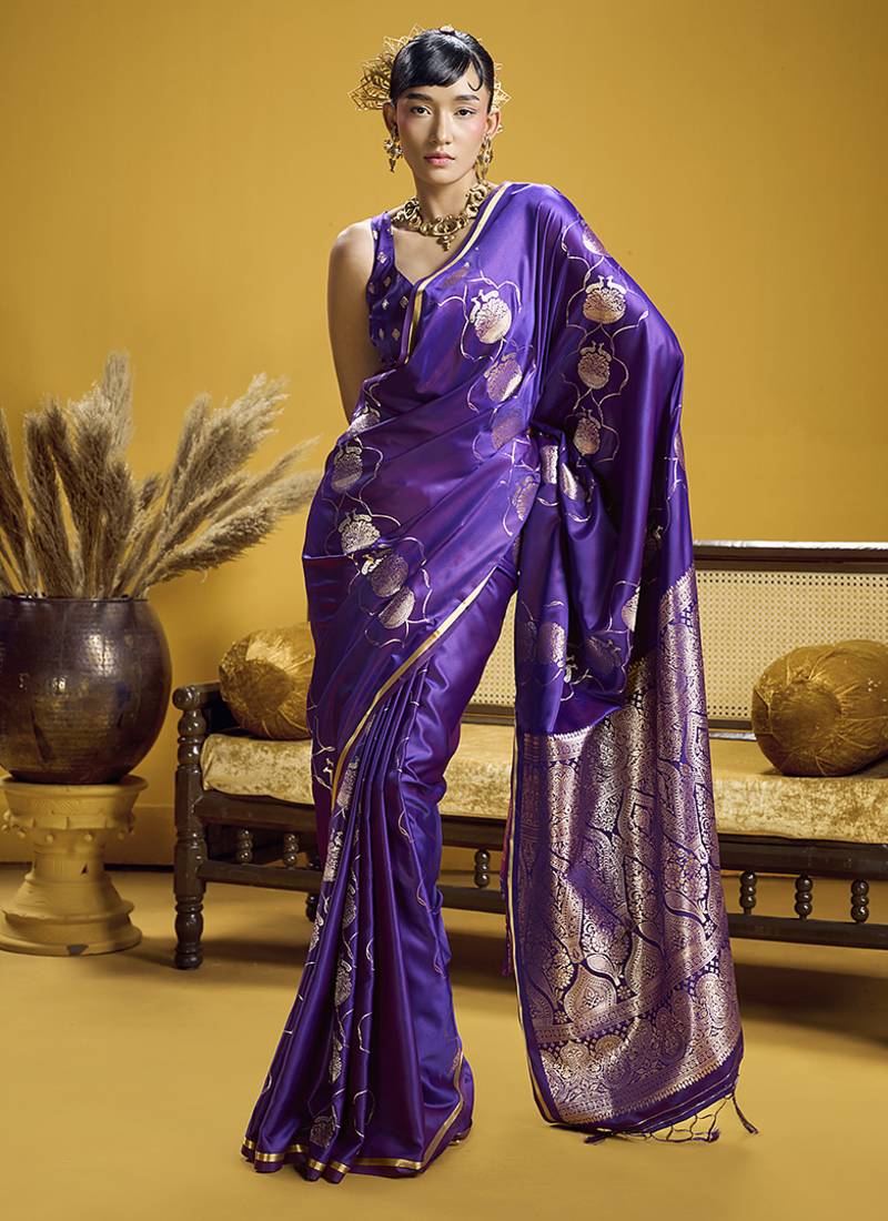 Violet handloom satin saree with weaving work
