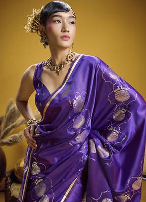 Violet handloom satin saree with weaving work 2