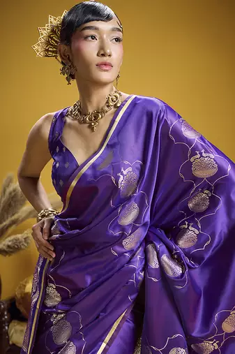 Violet handloom satin saree with weaving work