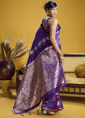 Violet handloom satin saree with weaving work 3