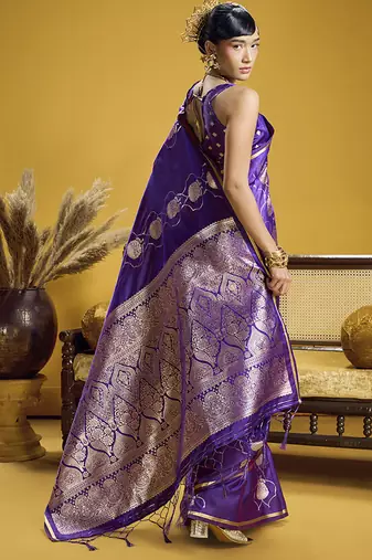 Violet handloom satin saree with weaving work