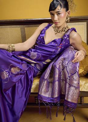 Violet handloom satin saree with weaving work 4