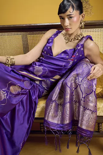 Violet handloom satin saree with weaving work