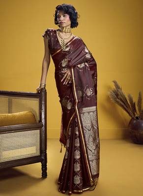 Maroon handloom satin saree with weaving work 1