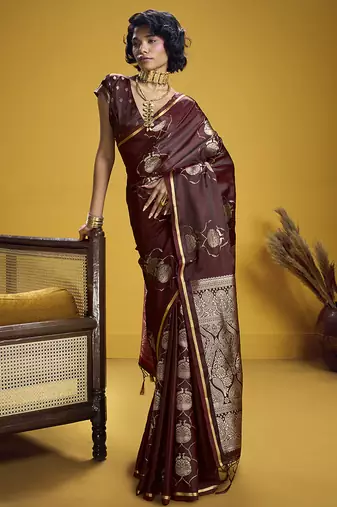 Maroon handloom satin saree with weaving work