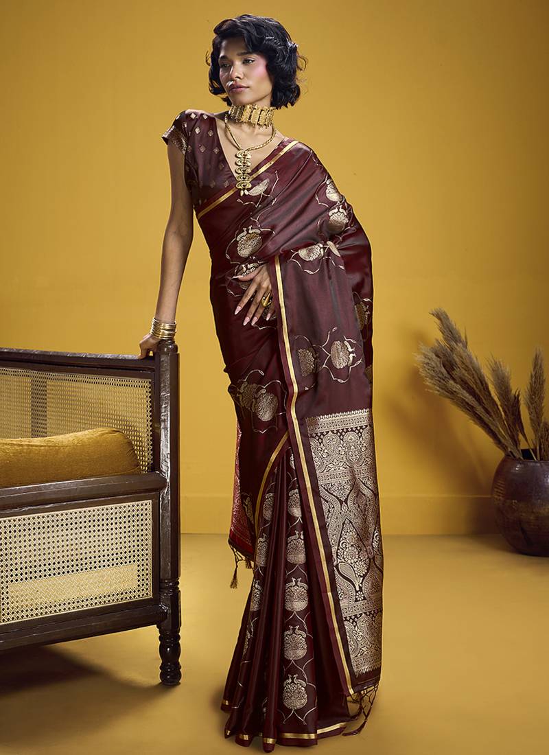 Maroon handloom satin saree with weaving work