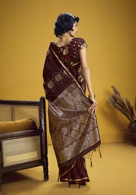 Maroon handloom satin saree with weaving work 2