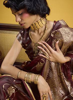 Maroon handloom satin saree with weaving work 3