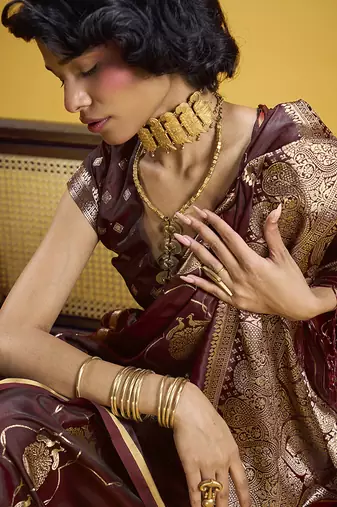 Maroon handloom satin saree with weaving work