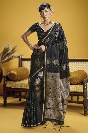 Black handloom satin saree with weaving work
