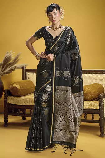 Black handloom satin saree with weaving work
