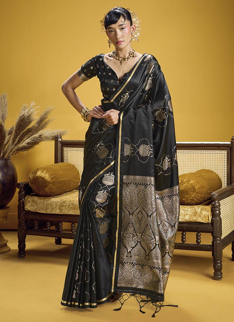 Black handloom satin saree with weaving work