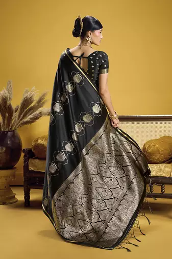 Black handloom satin saree with weaving work