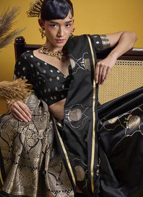 Black handloom satin saree with weaving work 3