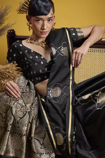 Black handloom satin saree with weaving work