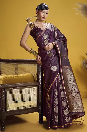 Dark purple handloom satin saree with weaving work