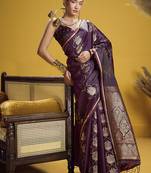 Dark purple handloom satin saree with weaving work