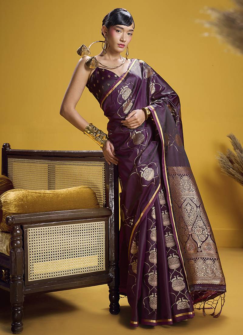 Dark purple handloom satin saree with weaving work