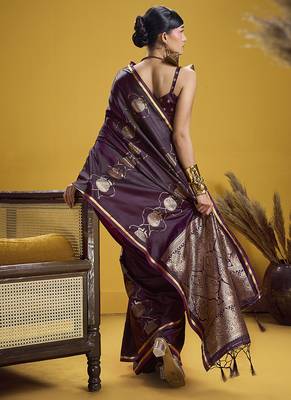 Dark purple handloom satin saree with weaving work 2