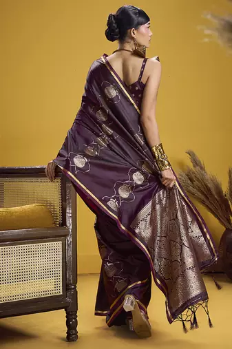 Dark purple handloom satin saree with weaving work