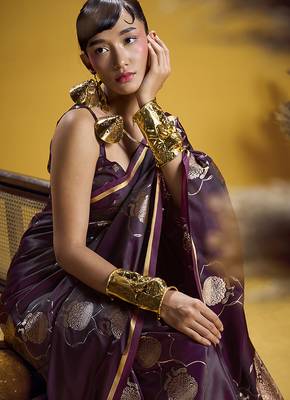 Dark purple handloom satin saree with weaving work 3