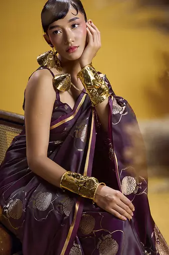 Dark purple handloom satin saree with weaving work