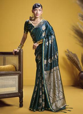 Dark teal handloom satin saree with weaving work 1