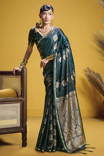 Dark teal handloom satin saree with weaving work