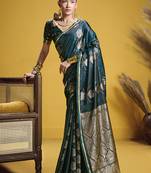 Dark teal handloom satin saree with weaving work